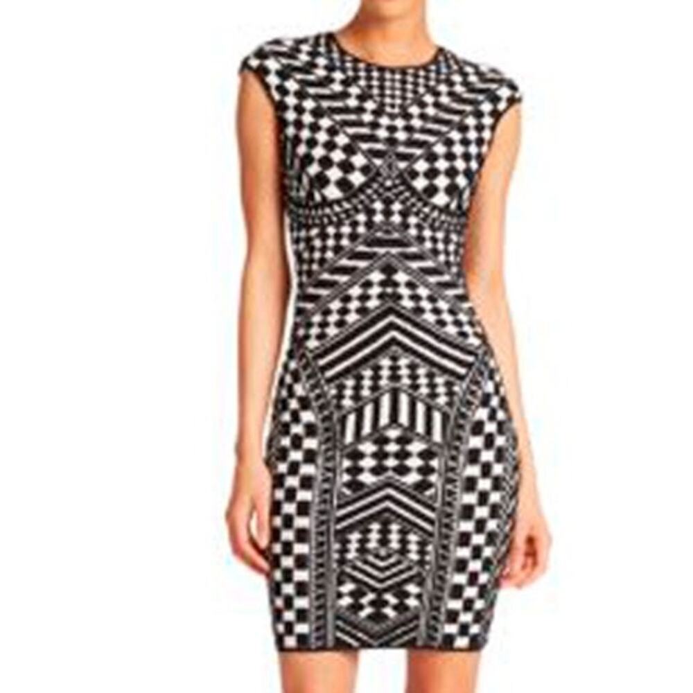 RVN Cap Sleeve Round Neck Geometric Mini Sheath Dress White Black Women's Small